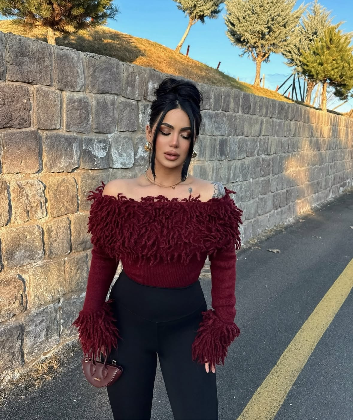 Burgundy Curls Off Shoulder Top