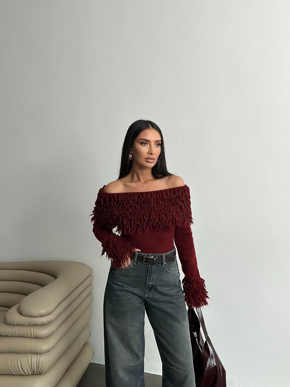 Burgundy Curls Off Shoulder Top