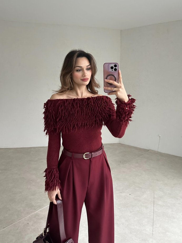 Burgundy Curls Off Shoulder Top
