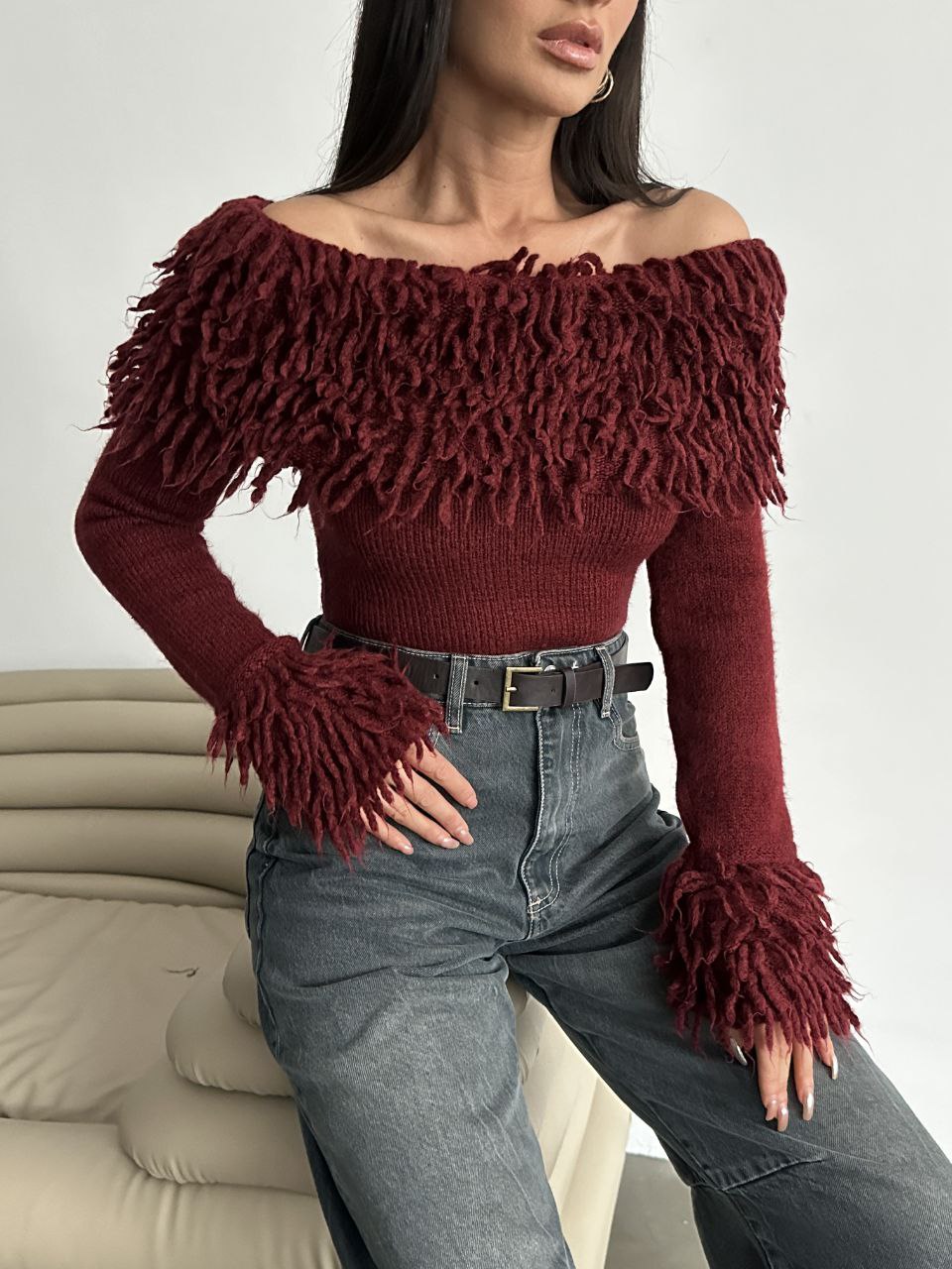 Burgundy Curls Off Shoulder Top