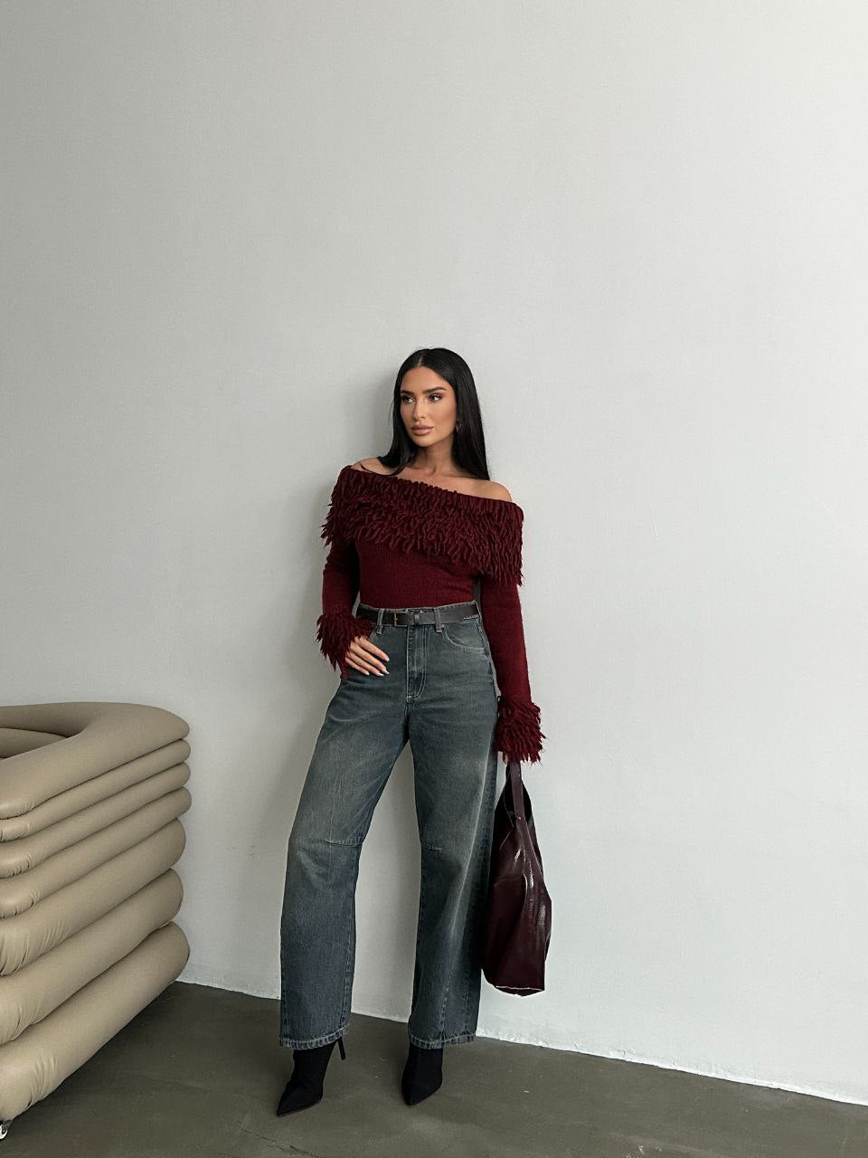 Burgundy Curls Off Shoulder Top