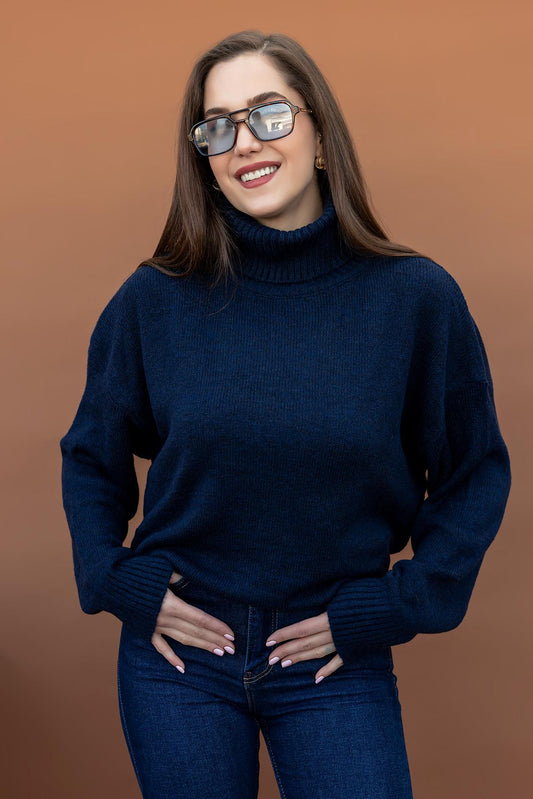 Navy Wool Turtleneck Top