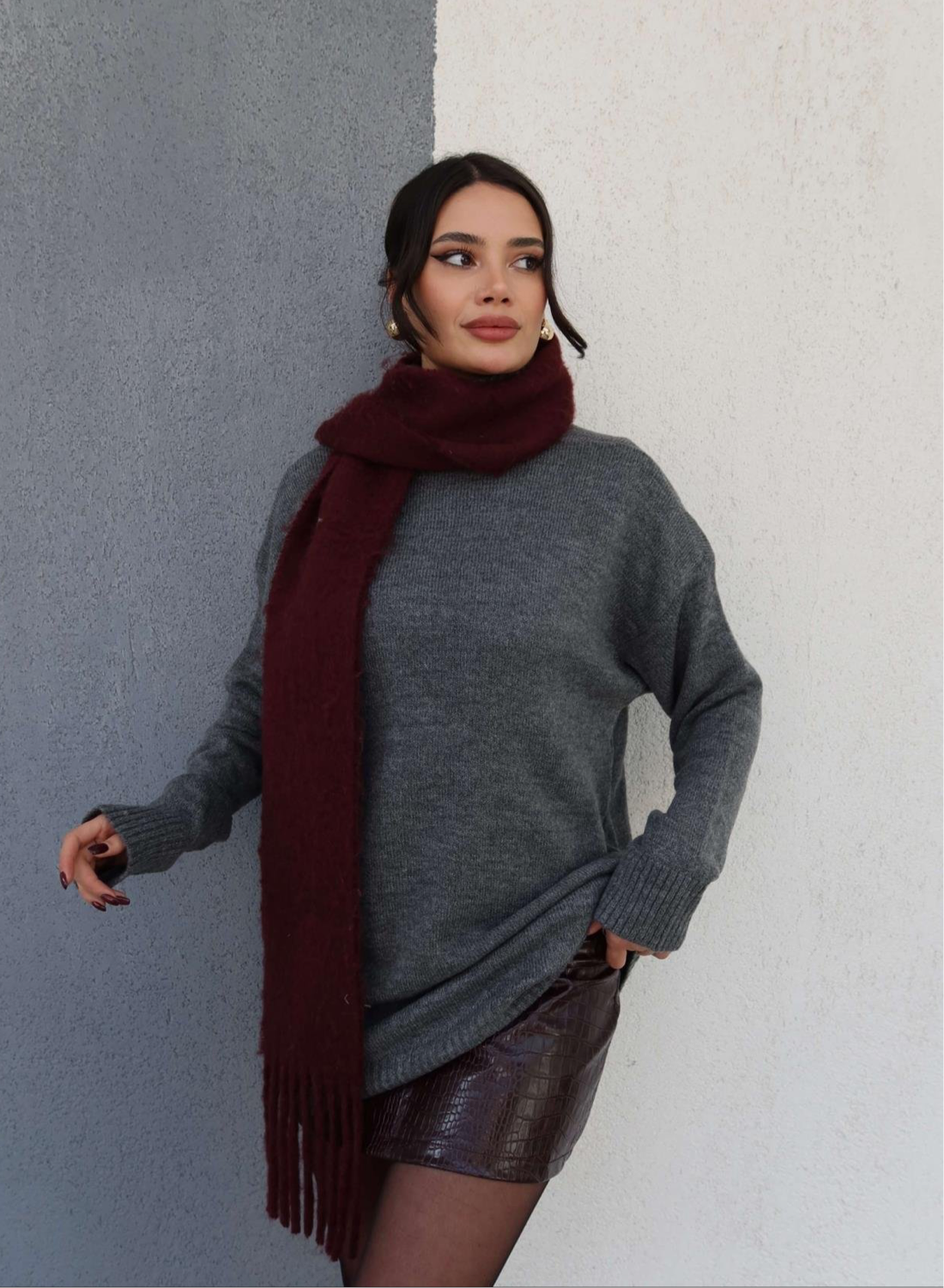 Grey Wool Turtleneck Top
