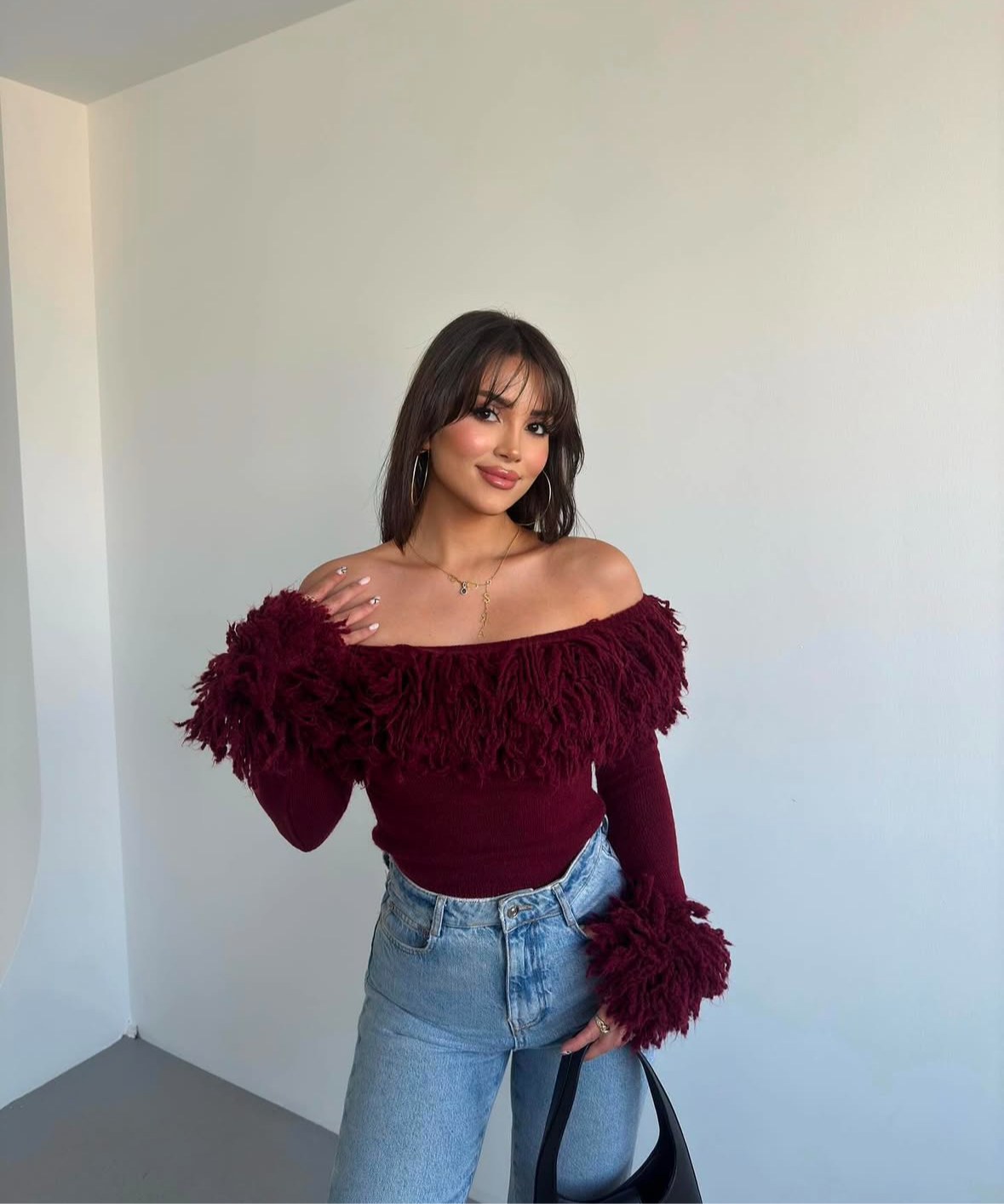 Burgundy Curls Off Shoulder Top