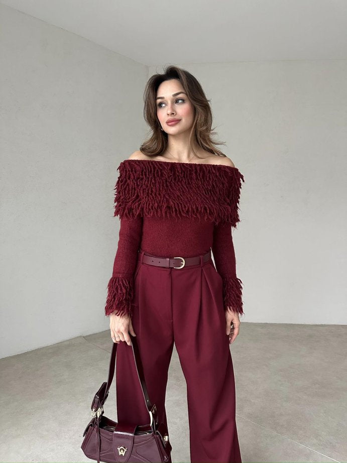 Burgundy Curls Off Shoulder Top