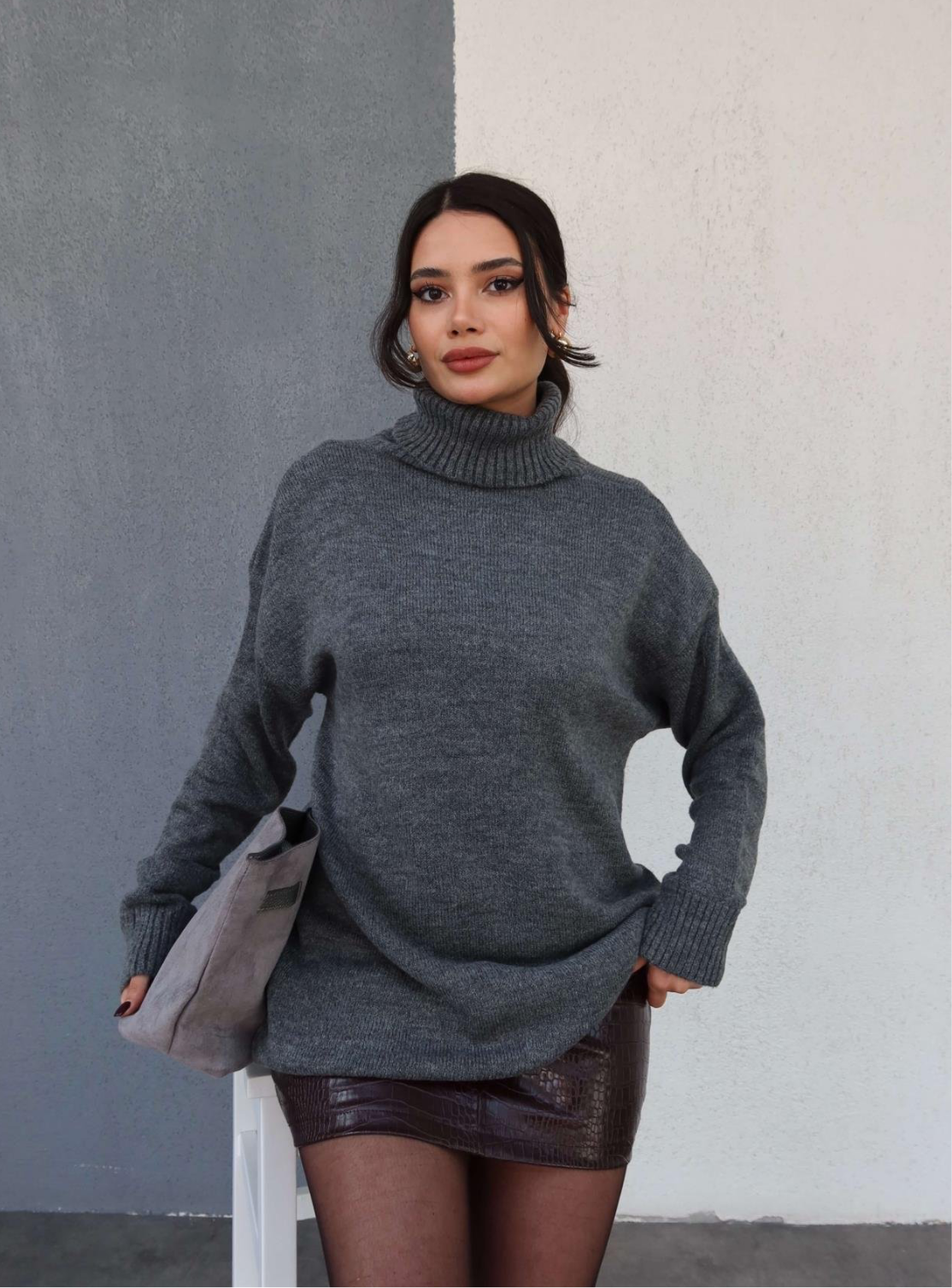 Grey Wool Turtleneck Top