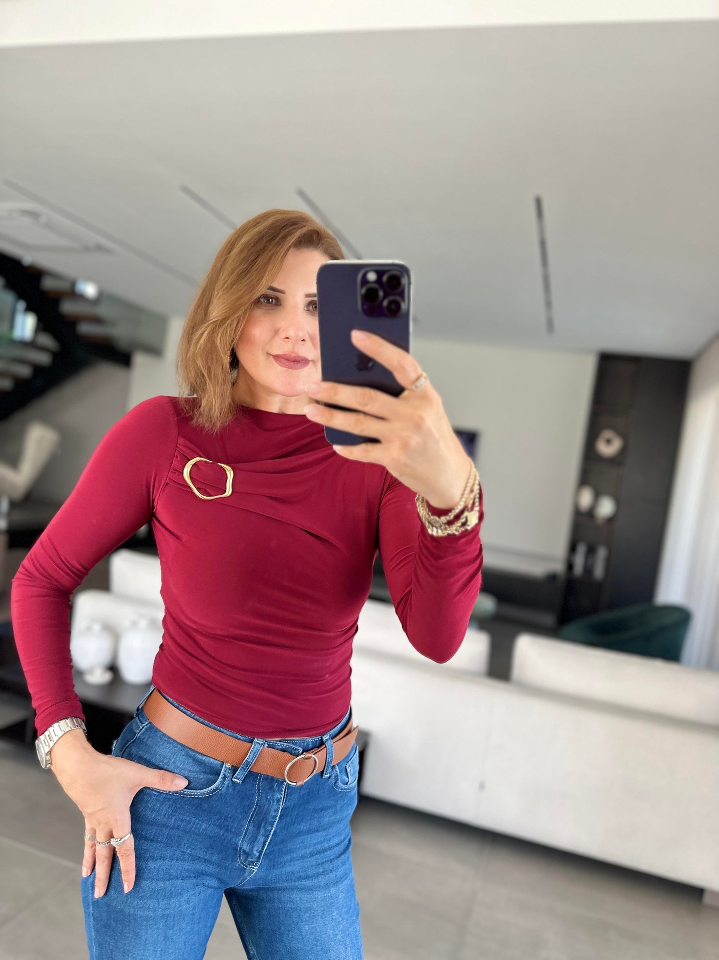 Burgundy Gold Brooch Top