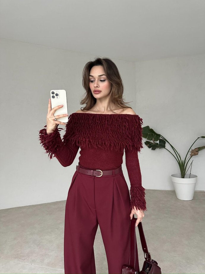 Burgundy Curls Off Shoulder Top