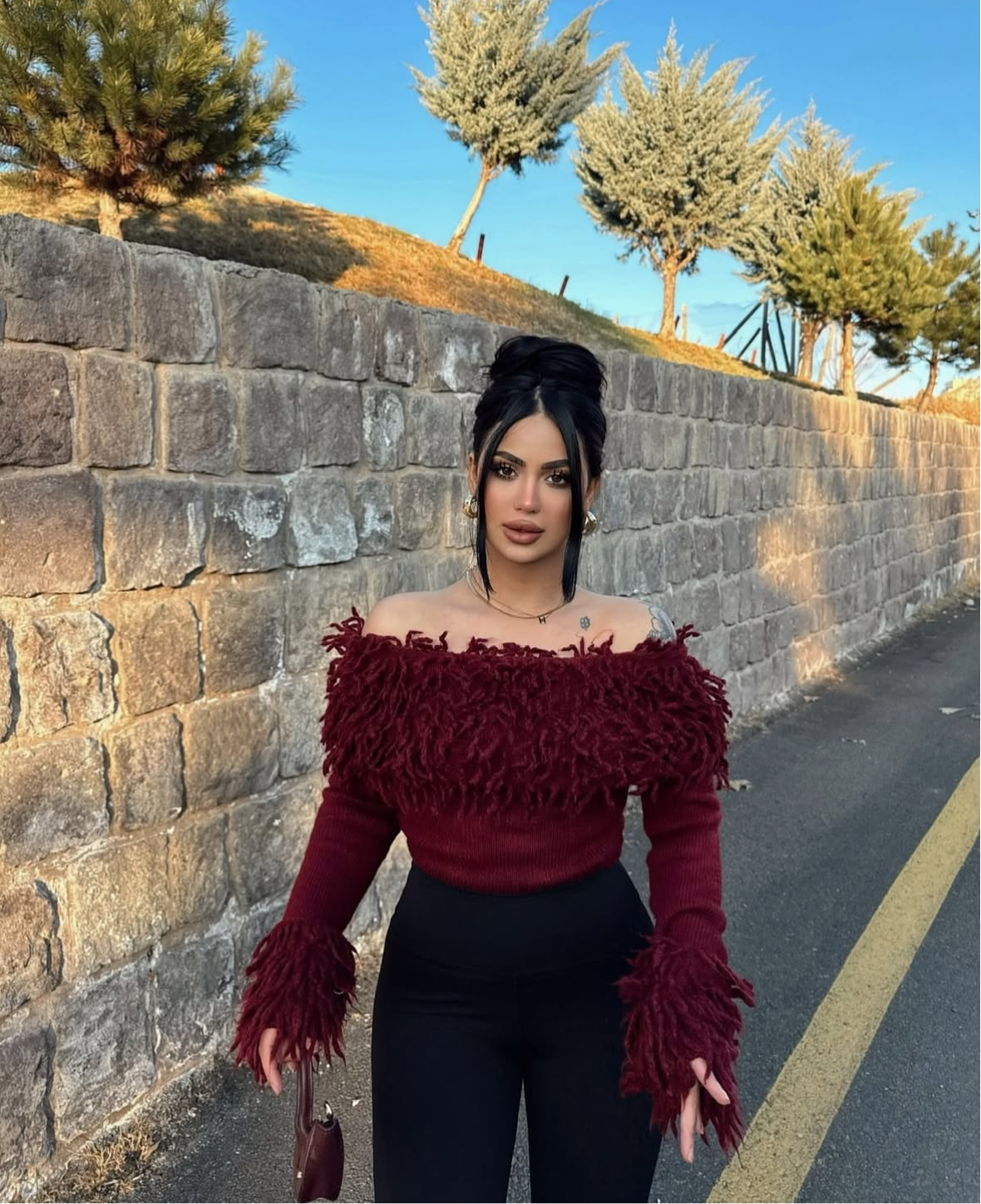 Burgundy Curls Off Shoulder Top