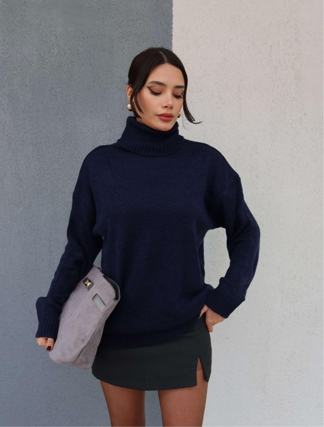 Navy Wool Turtleneck Top