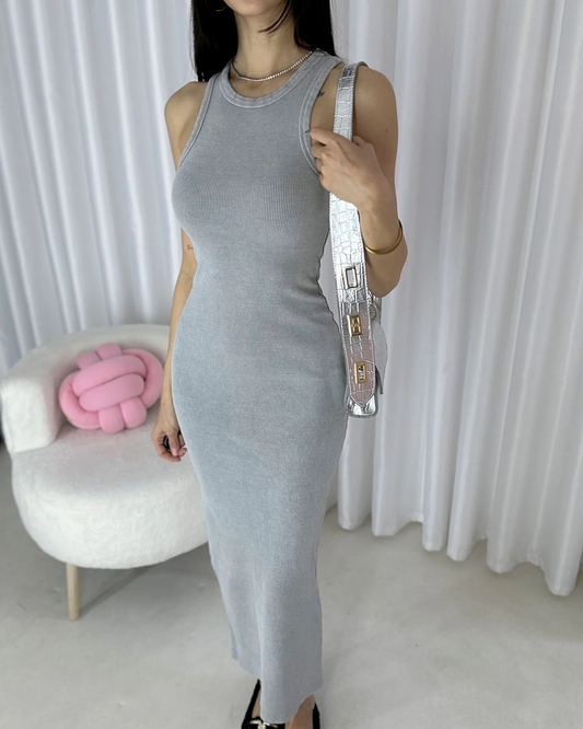 Women's Halter Neck Vintage Fabric Maxi Dress Grey